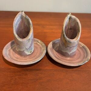 Vintage Bay Pottery Candlestick Holders Set Of Two Light Purple Swirl